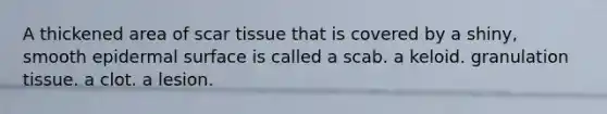 A thickened area of scar tissue that is covered by a shiny, smooth epidermal surface is called a scab. a keloid. granulation tissue. a clot. a lesion.