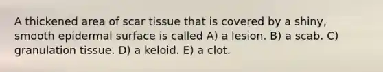 A thickened area of scar tissue that is covered by a shiny, smooth epidermal surface is called A) a lesion. B) a scab. C) granulation tissue. D) a keloid. E) a clot.