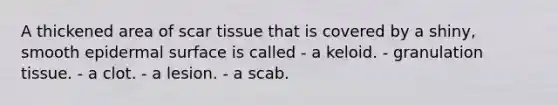 A thickened area of scar tissue that is covered by a shiny, smooth epidermal surface is called - a keloid. - granulation tissue. - a clot. - a lesion. - a scab.