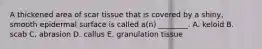A thickened area of scar tissue that is covered by a shiny, smooth epidermal surface is called a(n) ________. A. keloid B. scab C. abrasion D. callus E. granulation tissue