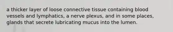 a thicker layer of loose connective tissue containing blood vessels and lymphatics, a nerve plexus, and in some places, glands that secrete lubricating mucus into the lumen.