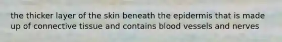 the thicker layer of the skin beneath <a href='https://www.questionai.com/knowledge/kBFgQMpq6s-the-epidermis' class='anchor-knowledge'>the epidermis</a> that is made up of <a href='https://www.questionai.com/knowledge/kYDr0DHyc8-connective-tissue' class='anchor-knowledge'>connective tissue</a> and contains blood vessels and nerves