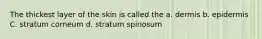 The thickest layer of the skin is called the a. dermis b. epidermis C. stratum corneum d. stratum spinosum