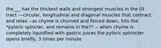 the___ has the thickest walls and strongest muscles in the GI tract ---circular, longitudinal and diagonal muscles that contract and relax --as chyme is churned and forced down, hits the *pyloric spincter, and remains in the?? -- when chyme is completely liquidfied with gastric juices the pyloric sphincter opens briefly, 3 times per minute