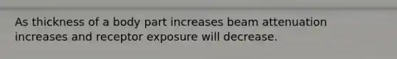 As thickness of a body part increases beam attenuation increases and receptor exposure will decrease.