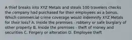 A thief breaks into XYZ Metals and steals 100 travelers checks the company had purchased for their employees as a bonus. Which commercial crime coverage would indemnify XYZ Metals for their loss? A. Inside the premises - robbery or safe burglary of other property B. Inside the premises - theft of money and securities C. Forgery or alteration D. Employee theft