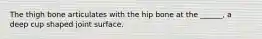 The thigh bone articulates with the hip bone at the ______, a deep cup shaped joint surface.