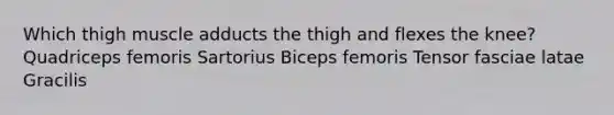 Which thigh muscle adducts the thigh and flexes the knee? Quadriceps femoris Sartorius Biceps femoris Tensor fasciae latae Gracilis