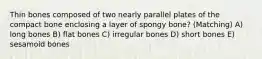 Thin bones composed of two nearly parallel plates of the compact bone enclosing a layer of spongy bone? (Matching) A) long bones B) flat bones C) irregular bones D) short bones E) sesamoid bones