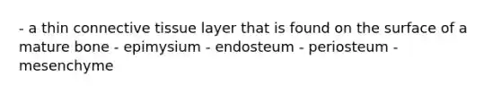 - a thin connective tissue layer that is found on the surface of a mature bone - epimysium - endosteum - periosteum - mesenchyme