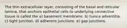 The thin extracellular layer, consisting of the basal and reticular lamina, that anchors epithelial cells to underlying connective tissue is called the a) basement membrane. b) tunica adventitia. c) tight junction. d) adherens junctions. e) gap junctions.