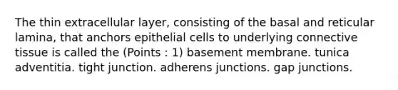 The thin extracellular layer, consisting of the basal and reticular lamina, that anchors epithelial cells to underlying connective tissue is called the (Points : 1) basement membrane. tunica adventitia. tight junction. adherens junctions. gap junctions.