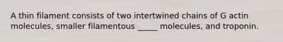 A thin filament consists of two intertwined chains of G actin molecules, smaller filamentous _____ molecules, and troponin.