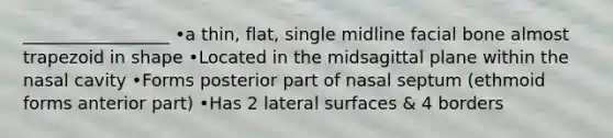 _________________ •a thin, flat, single midline facial bone almost trapezoid in shape •Located in the midsagittal plane within the nasal cavity •Forms posterior part of nasal septum (ethmoid forms anterior part) •Has 2 lateral surfaces & 4 borders