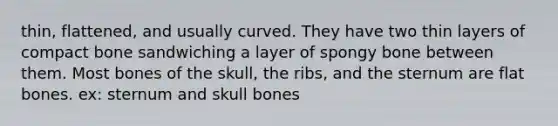 thin, flattened, and usually curved. They have two thin layers of compact bone sandwiching a layer of spongy bone between them. Most bones of the skull, the ribs, and the sternum are flat bones. ex: sternum and skull bones