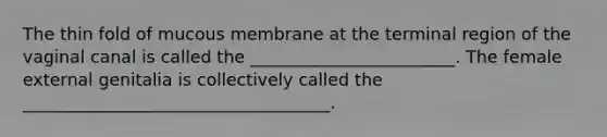 The thin fold of mucous membrane at the terminal region of the vaginal canal is called the ________________________. The female external genitalia is collectively called the ____________________________________.