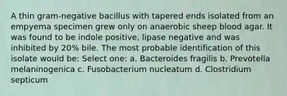 A thin gram-negative bacillus with tapered ends isolated from an empyema specimen grew only on anaerobic sheep blood agar. It was found to be indole positive, lipase negative and was inhibited by 20% bile. The most probable identification of this isolate would be: Select one: a. Bacteroides fragilis b. Prevotella melaninogenica c. Fusobacterium nucleatum d. Clostridium septicum