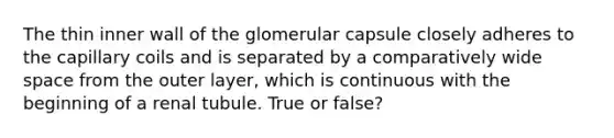 The thin inner wall of the glomerular capsule closely adheres to the capillary coils and is separated by a comparatively wide space from the outer layer, which is continuous with the beginning of a renal tubule. True or false?