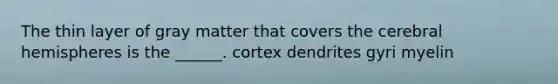 The thin layer of gray matter that covers the cerebral hemispheres is the ______. cortex dendrites gyri myelin