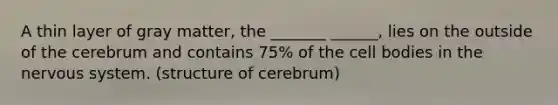 A thin layer of gray matter, the _______ ______, lies on the outside of the cerebrum and contains 75% of the cell bodies in the nervous system. (structure of cerebrum)