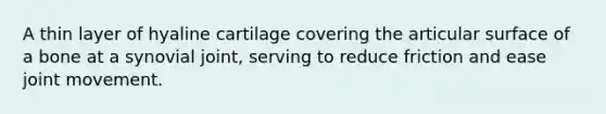 A thin layer of hyaline cartilage covering the articular surface of a bone at a synovial joint, serving to reduce friction and ease joint movement.
