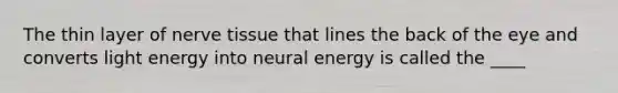 The thin layer of nerve tissue that lines the back of the eye and converts light energy into neural energy is called the ____