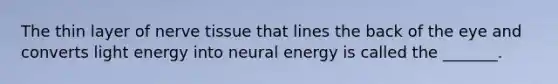 The thin layer of nerve tissue that lines the back of the eye and converts light energy into neural energy is called the _______.