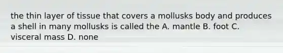 the thin layer of tissue that covers a mollusks body and produces a shell in many mollusks is called the A. mantle B. foot C. visceral mass D. none