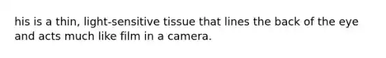 his is a thin, light-sensitive tissue that lines the back of the eye and acts much like film in a camera.