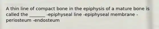 A thin line of compact bone in the epiphysis of a mature bone is called the _______ -epiphyseal line -epiphyseal membrane -periosteum -endosteum