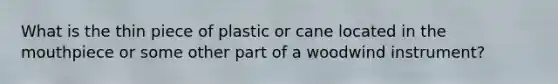 What is the thin piece of plastic or cane located in the mouthpiece or some other part of a woodwind instrument?