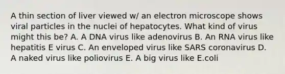 A thin section of liver viewed w/ an electron microscope shows viral particles in the nuclei of hepatocytes. What kind of virus might this be? A. A DNA virus like adenovirus B. An RNA virus like hepatitis E virus C. An enveloped virus like SARS coronavirus D. A naked virus like poliovirus E. A big virus like E.coli