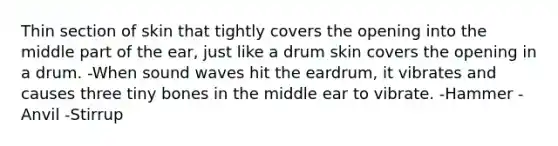 Thin section of skin that tightly covers the opening into the middle part of the ear, just like a drum skin covers the opening in a drum. -When sound waves hit the eardrum, it vibrates and causes three tiny bones in the middle ear to vibrate. -Hammer -Anvil -Stirrup