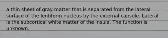 a thin sheet of gray matter that is separated from the lateral surface of the lentiform nucleus by the external capsule. Lateral is the subcortical white matter of the insula. The function is unknown.