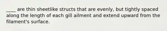 ____ are thin sheetlike structs that are evenly, but tightly spaced along the length of each gill ailment and extend upward from the filament's surface.