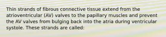 Thin strands of fibrous connective tissue extend from the atrioventricular (AV) valves to the papillary muscles and prevent the AV valves from bulging back into the atria during ventricular systole. These strands are called: