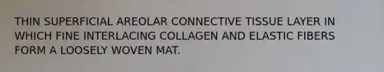 THIN SUPERFICIAL AREOLAR CONNECTIVE TISSUE LAYER IN WHICH FINE INTERLACING COLLAGEN AND ELASTIC FIBERS FORM A LOOSELY WOVEN MAT.