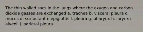 The thin walled sacs in the lungs where the oxygen and carbon dioxide gasses are exchanged a. trachea b. visceral pleura c. mucus d. surfactant e epiglottis f. pleura g. pharynx h. larynx i. alveoli j. parietal pleura