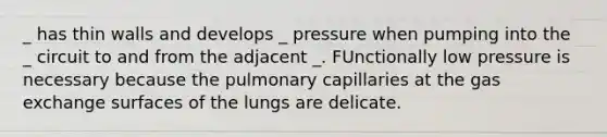 _ has thin walls and develops _ pressure when pumping into the _ circuit to and from the adjacent _. FUnctionally low pressure is necessary because the pulmonary capillaries at the gas exchange surfaces of the lungs are delicate.