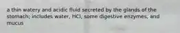 a thin watery and acidic fluid secreted by the glands of the stomach; includes water, HCl, some digestive enzymes, and mucus