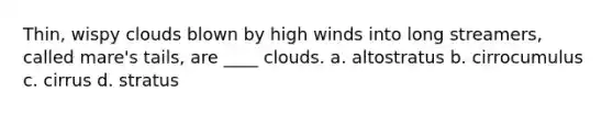 Thin, wispy clouds blown by high winds into long streamers, called mare's tails, are ____ clouds. a. altostratus b. cirrocumulus c. cirrus d. stratus