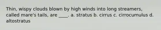 Thin, wispy clouds blown by high winds into long streamers, called mare's tails, are ____. a. stratus b. cirrus c. cirrocumulus d. altostratus