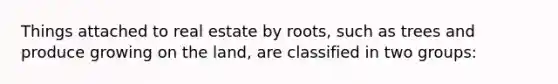 Things attached to real estate by roots, such as trees and produce growing on the land, are classified in two groups: