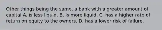 Other things being the​ same, a bank with a greater amount of capital A. is less liquid. B. is more liquid. C. has a higher rate of return on equity to the owners. D. has a lower risk of failure.