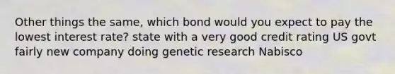 Other things the same, which bond would you expect to pay the lowest interest rate? state with a very good credit rating US govt fairly new company doing genetic research Nabisco