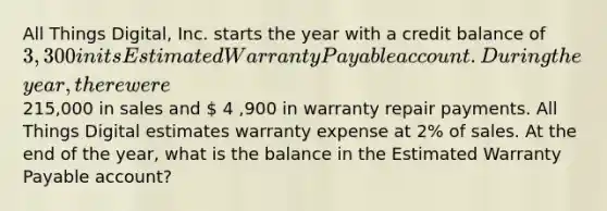 All Things​ Digital, Inc. starts the year with a credit balance of 3, 300 in its Estimated Warranty Payable account. During the​ year, there were 215,000 in sales and  4 ,900 in warranty repair payments. All Things Digital estimates warranty expense at 2​% of sales. At the end of the​ year, what is the balance in the Estimated Warranty Payable​ account?