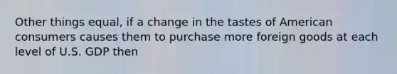 Other things equal, if a change in the tastes of American consumers causes them to purchase more foreign goods at each level of U.S. GDP then