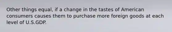 Other things equal, if a change in the tastes of American consumers causes them to purchase more foreign goods at each level of U.S.GDP.