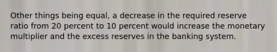 Other things being equal, a decrease in the required reserve ratio from 20 percent to 10 percent would increase the monetary multiplier and the excess reserves in the banking system.