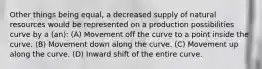 Other things being equal, a decreased supply of natural resources would be represented on a production possibilities curve by a (an): (A) Movement off the curve to a point inside the curve. (B) Movement down along the curve. (C) Movement up along the curve. (D) Inward shift of the entire curve.